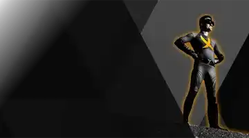 Изображение персонажа-супергероя в эффектной позе на темном фоне, рекламирующего бонус за пополнение от Битзамо с драматичной и уверенной позой.